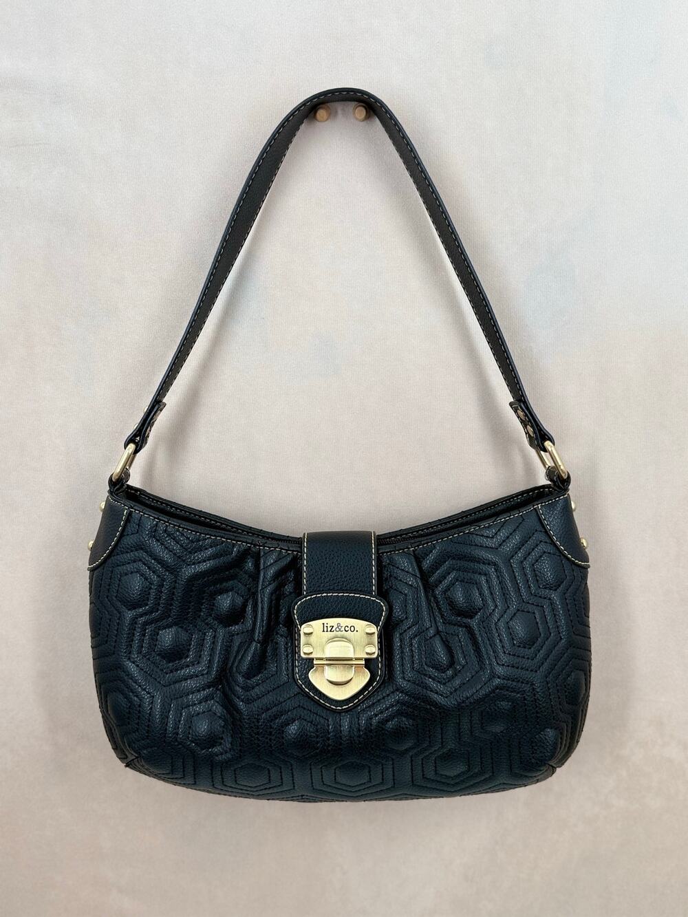 Vintage Y2K Liz & Co Black Geometric Embossed Shoulder Baguette Bag
